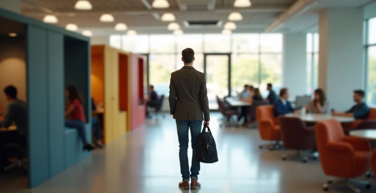 Various activity-based work zones in a modern office showing employees choosing different spaces