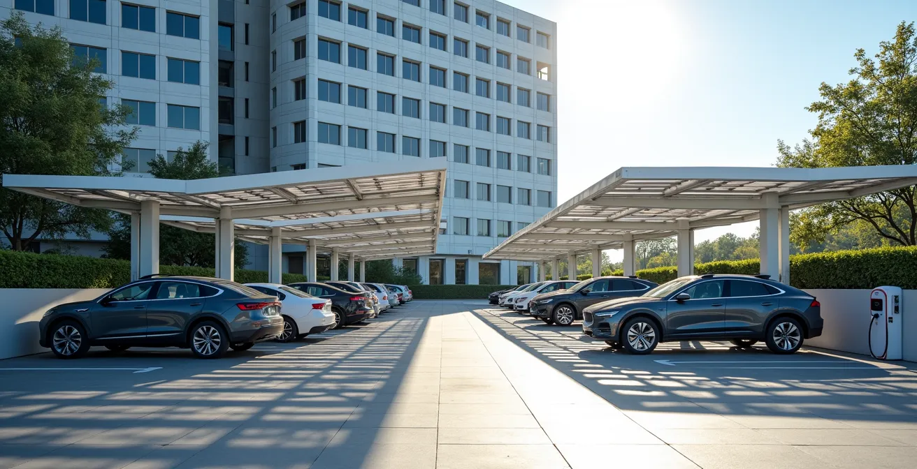Commercial parking lot with solar canopy structures providing shade and generating clean energy revenue