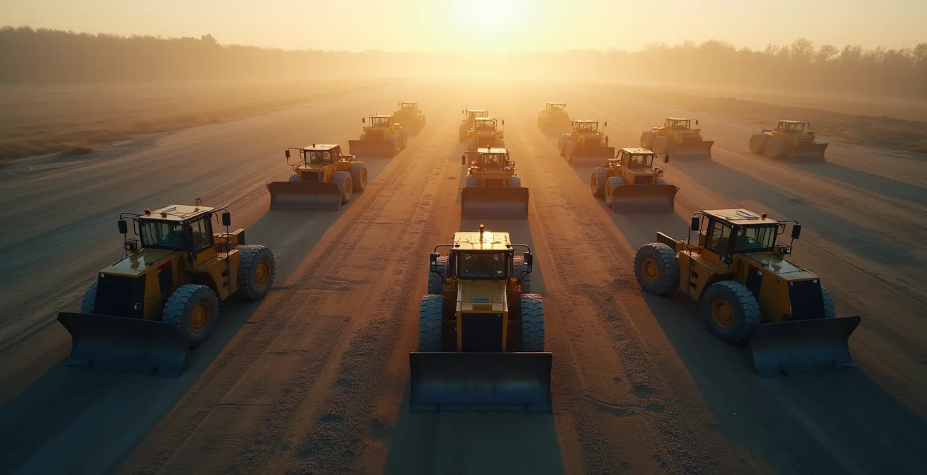 Aerial view of construction site with multiple pieces of heavy equipment tracked by GPS