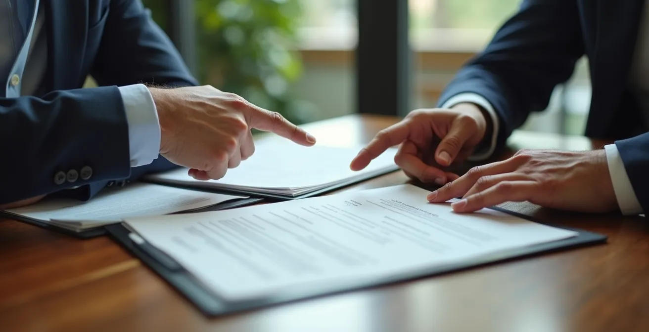 High-angle view of negotiation table with contract documents during business meeting