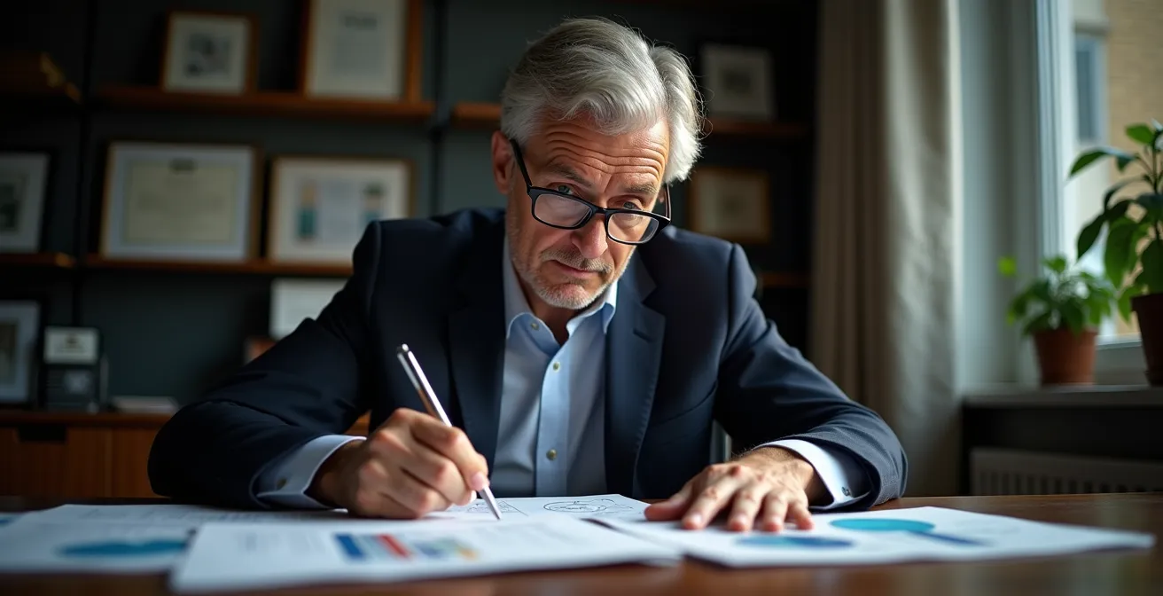 Business executive reviewing guarantee documents in professional office setting