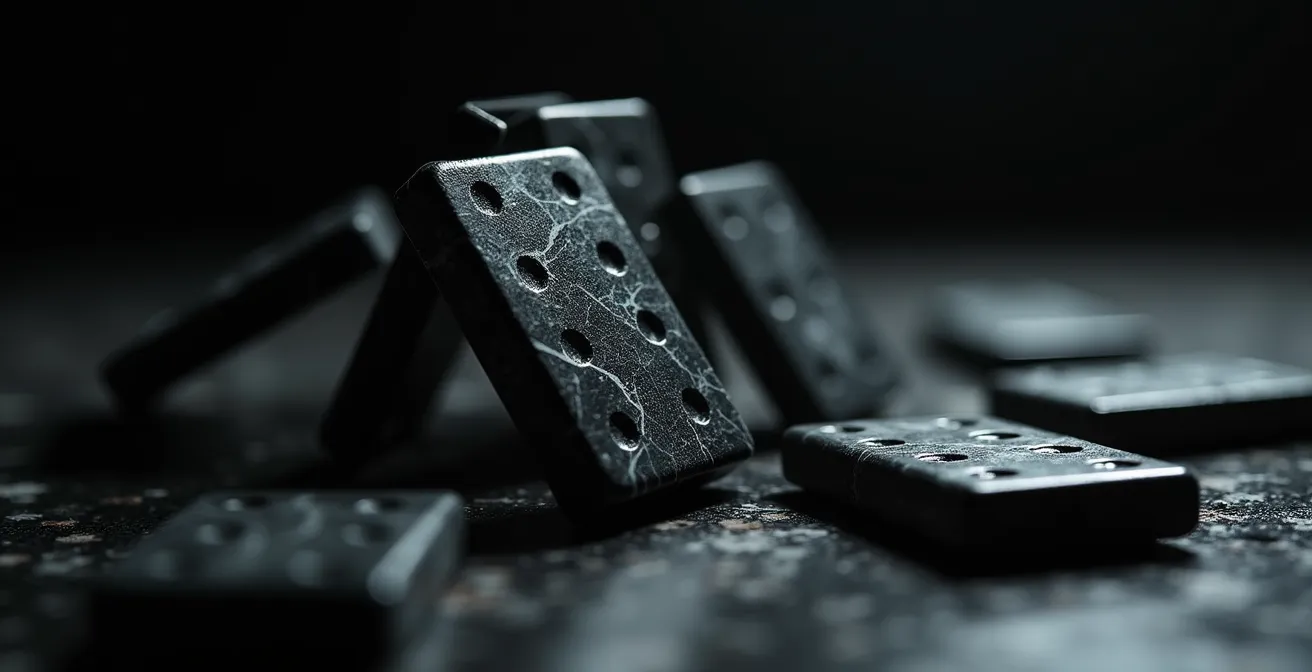Macro shot of falling dominos representing cascading currency crisis impact