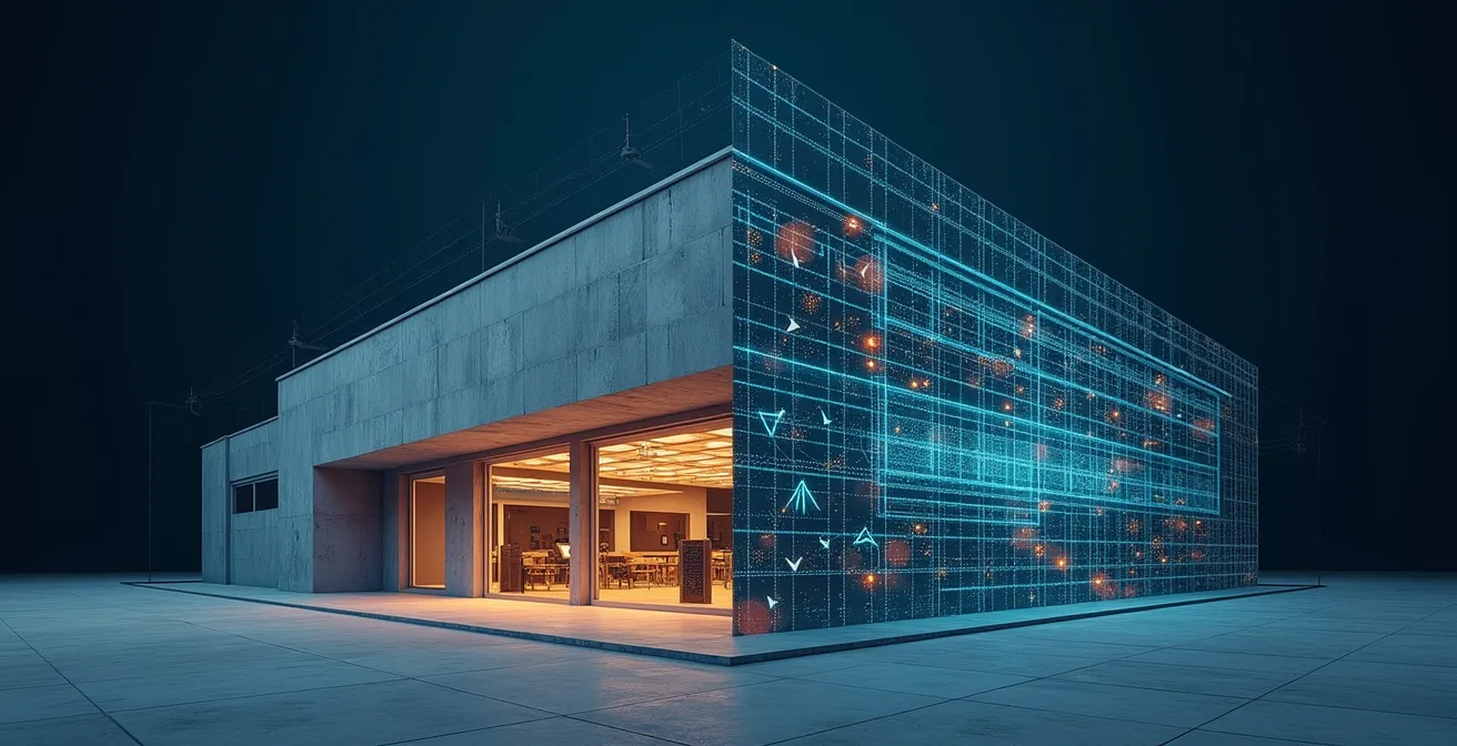 High-tech property analysis showing 3D building scan and data visualization dashboards