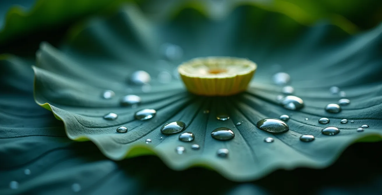 Macro photograph of water droplets on a hydrophobic surface representing trapped liquidity