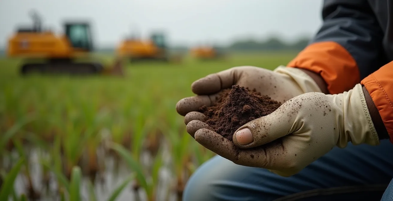Environmental consultant examining wetland area at construction site perimeter
