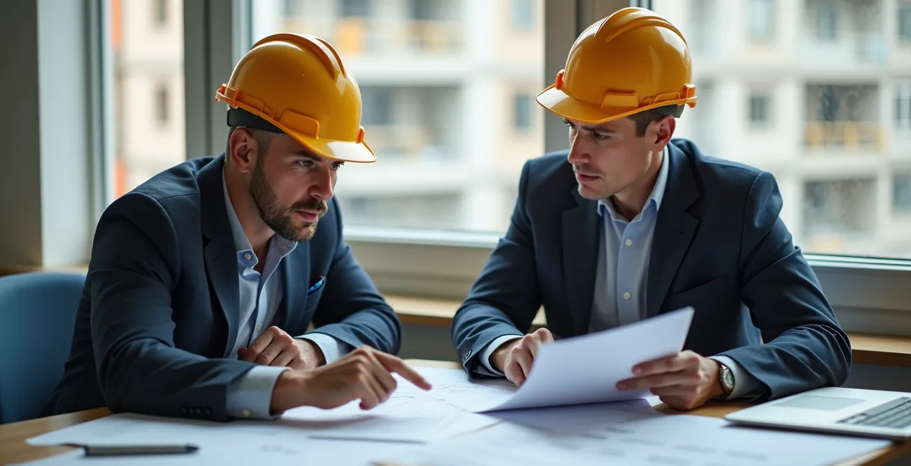 Business professionals reviewing rental agreement documents at construction site office