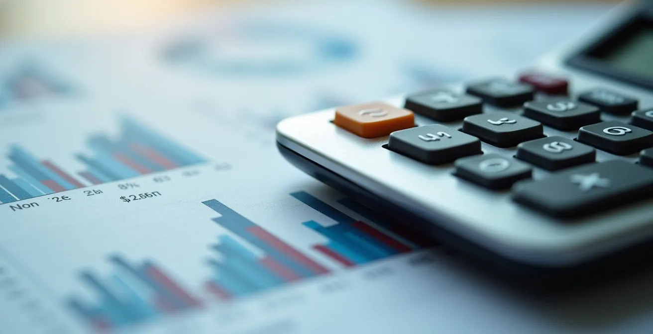 Overhead view of financial documents and calculator on desk showing property valuation analysis