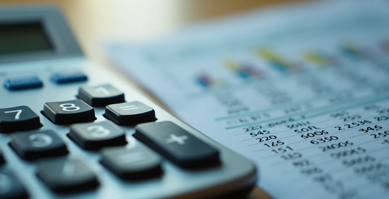 Macro shot of financial documents and calculator for property valuation analysis