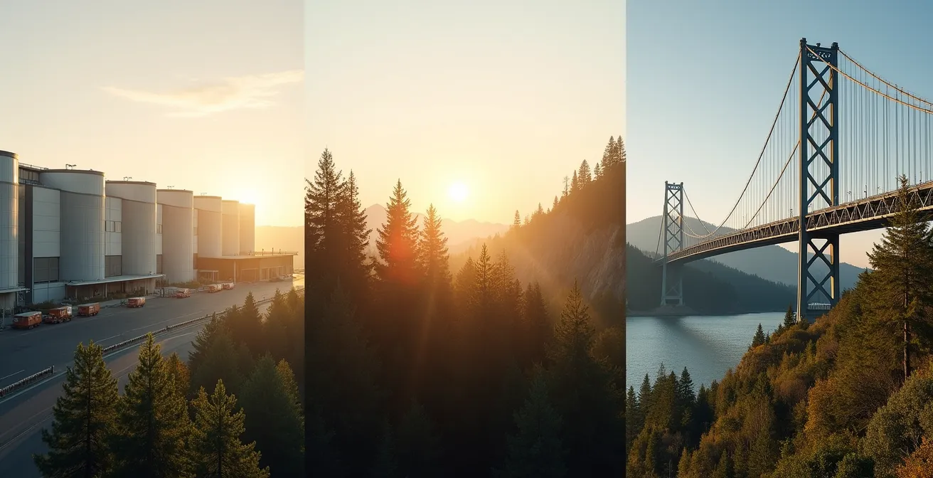 Triptych showing industrial warehouse, timber forest, and infrastructure bridge in golden hour light