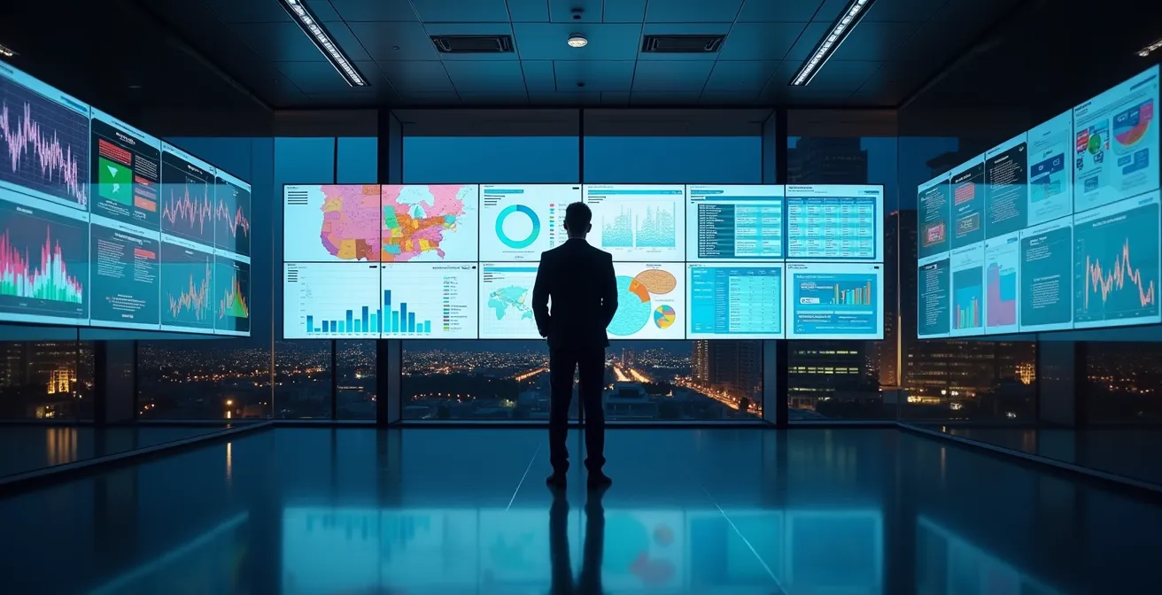 Modern office space with multiple data visualization screens showing real estate portfolio metrics