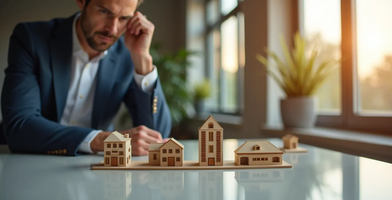 Real estate investor examining property models with thoughtful expression