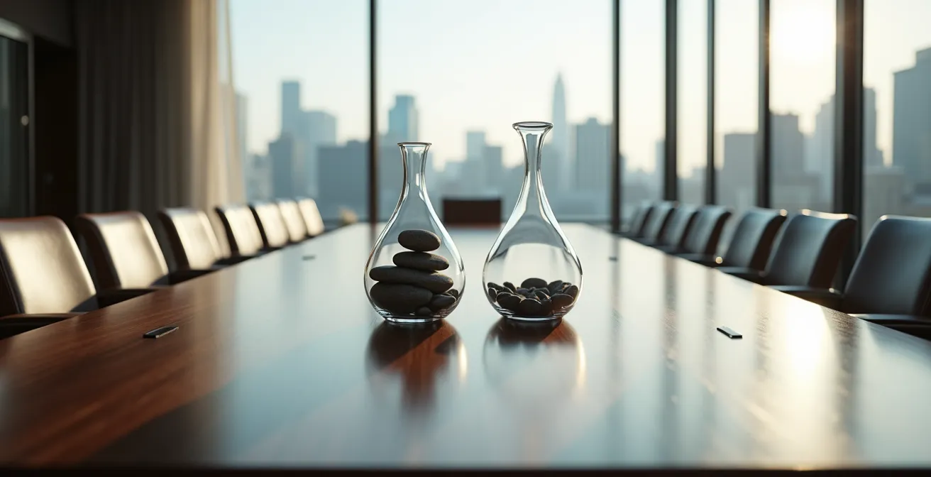 Visual metaphor showing balance scales with reserve funds and capital calls represented by abstract shapes