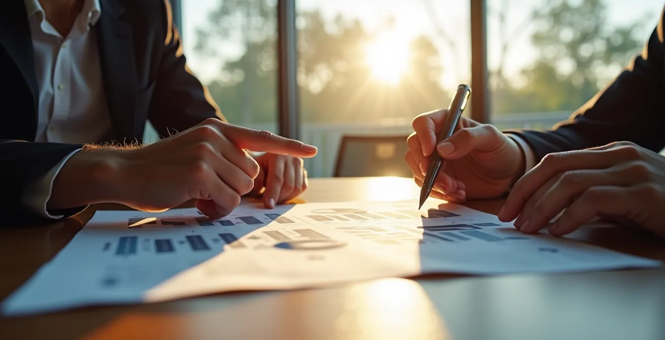 Professional negotiation setting with contract documents and financial analysis tools