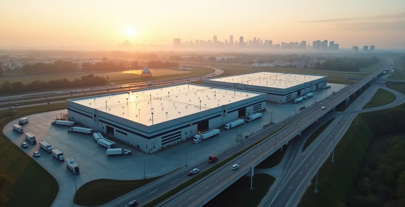 Modern distribution center near highway interchange showing strategic positioning for last-mile delivery