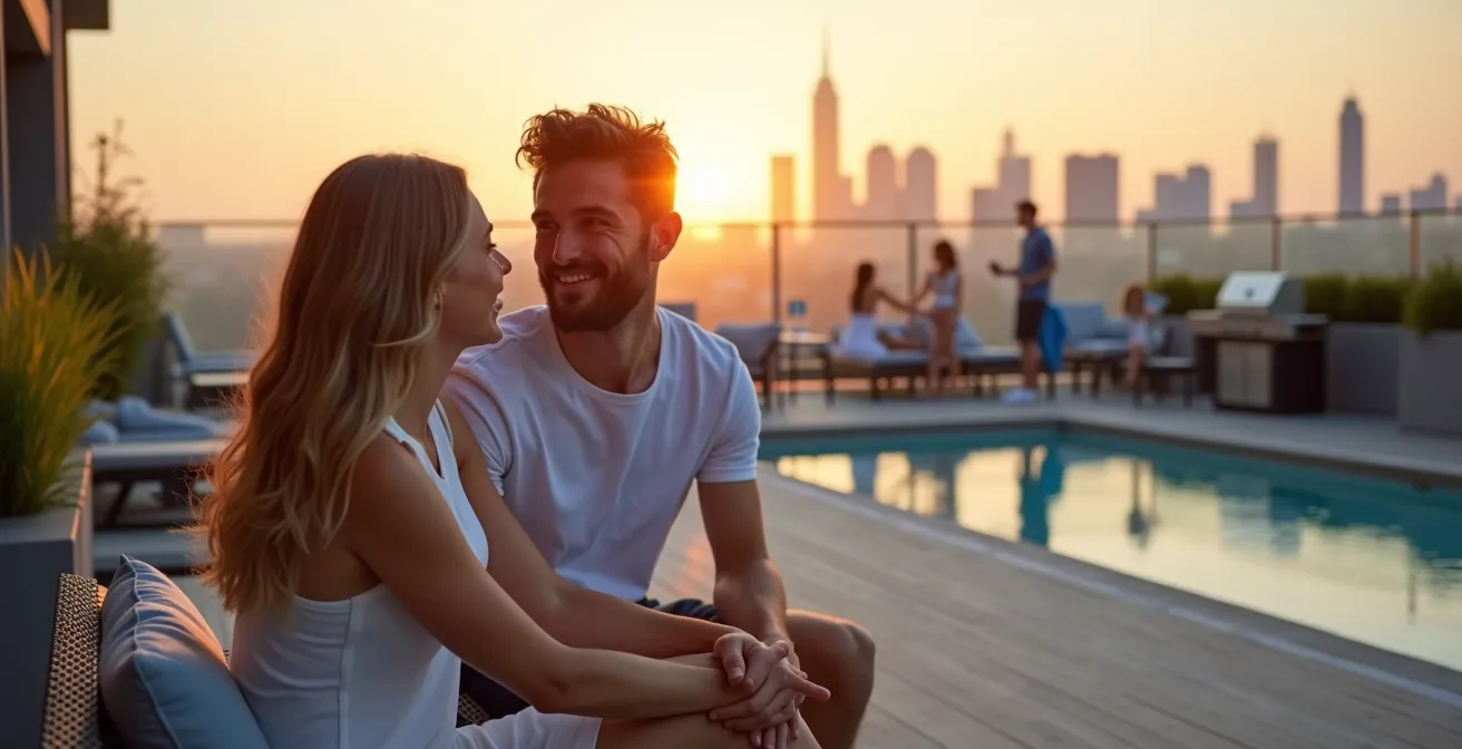 Luxury apartment building amenities showcasing tiered service offerings with a couple enjoying a rooftop terrace.