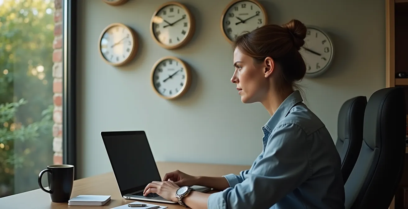 Digital home office setup showing global business connections and remote work complexity
