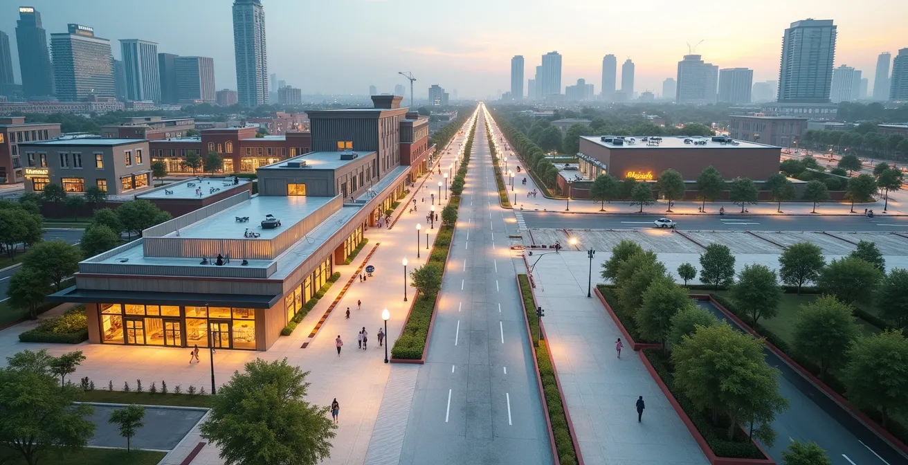 Aerial view of phased mixed-use development showing completed retail phase and ongoing construction