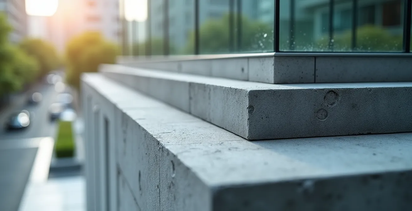 Aerial view of urban office building with construction phases marked by different material stages