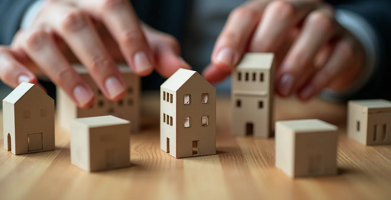 Strategic real estate portfolio optimization through selective asset disposition, with hands moving miniature building models.