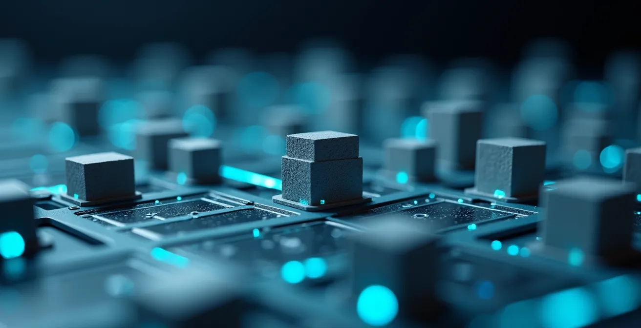 Abstract macro shot of interconnected building models with digital overlay patterns