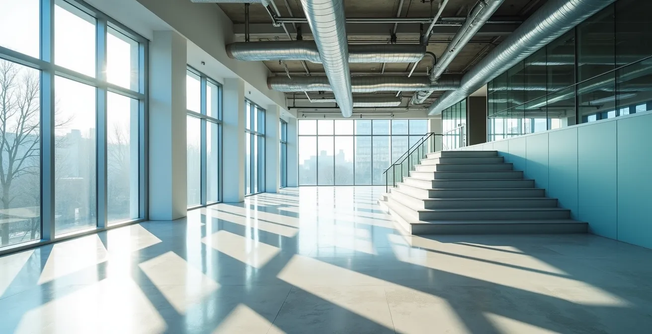 Abstract architectural space with ascending geometric forms representing business growth trajectory