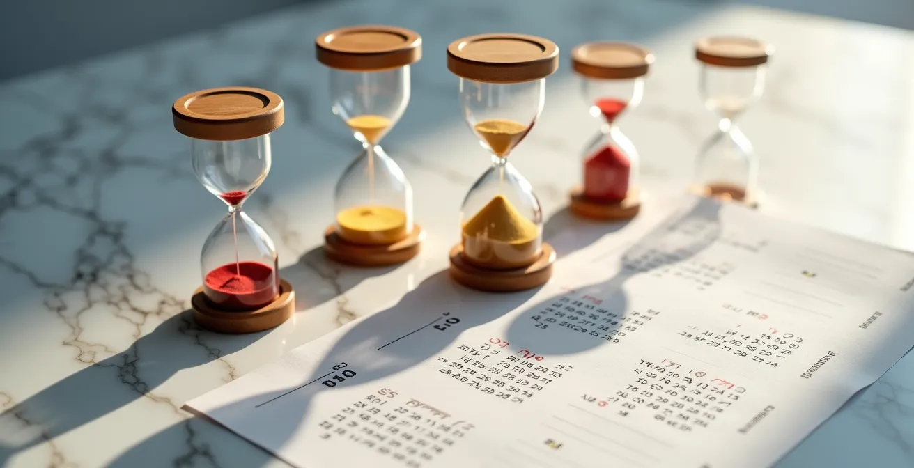 Abstract representation of payment timing patterns and behavioral triggers, shown with hourglasses.