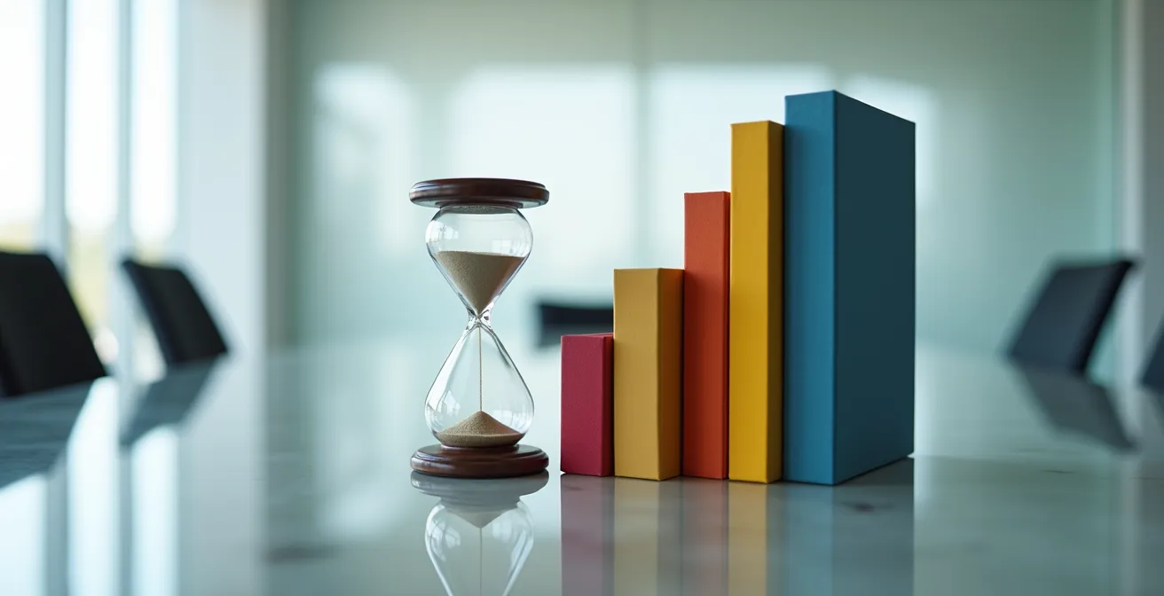 An elegant hourglass on a conference table, symbolizing the time-sensitive nature of sequential closing milestones.