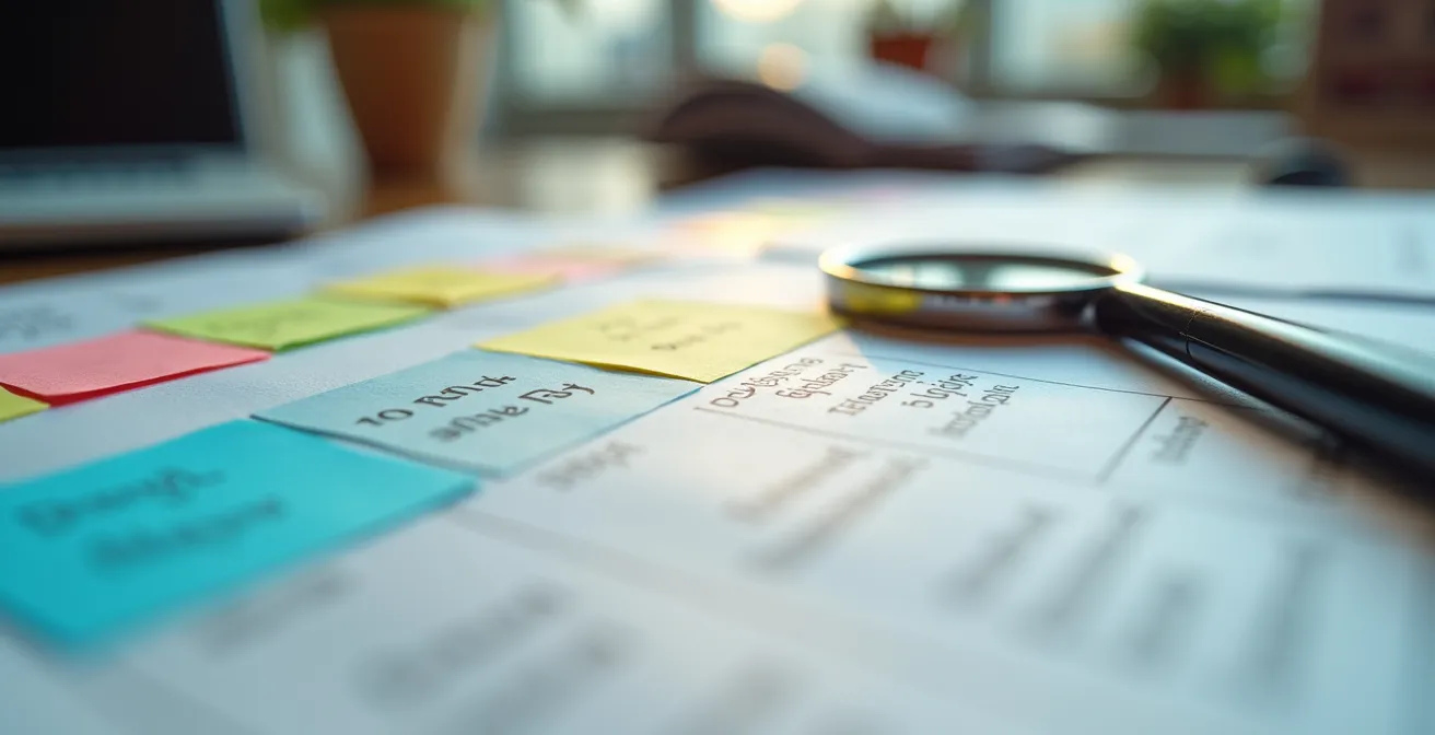 Close-up examination of title report documents with highlighted sections and analysis tools