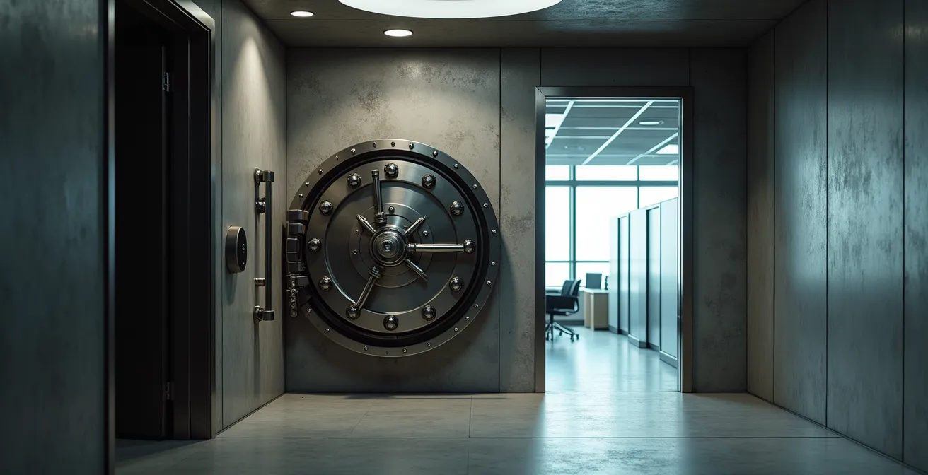 Former bank building with visible vault structure contrasted against modern office space