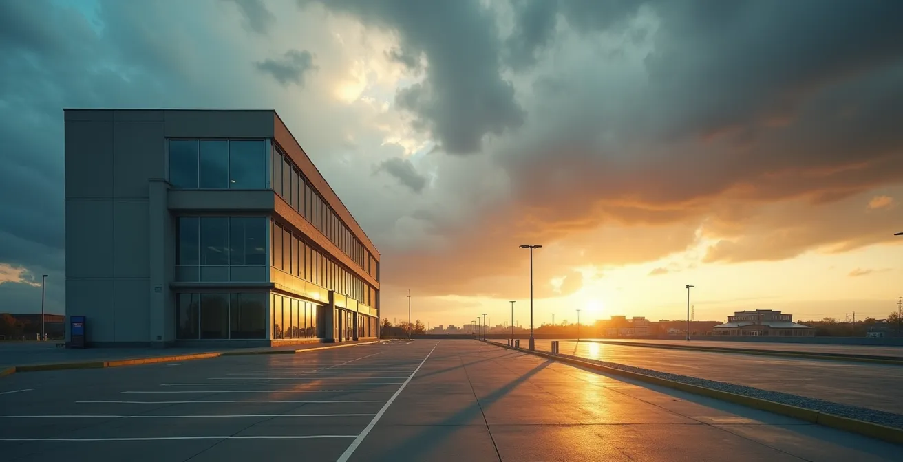 Dramatic visualization of financial volatility affecting commercial real estate