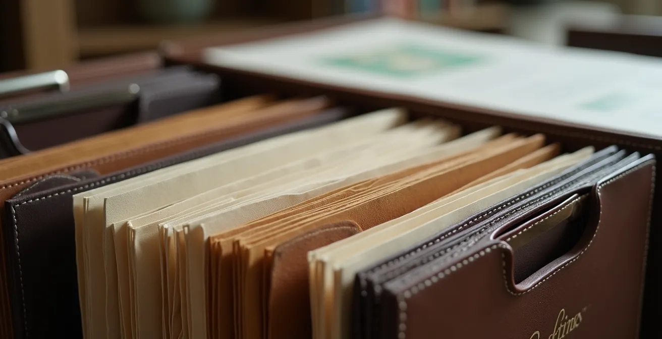 Aerial view of organized document folders on a modern conference table