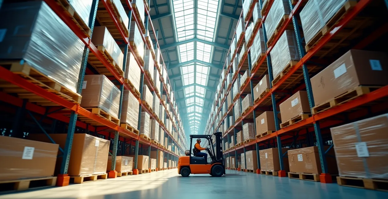 Cross-section view of modern warehouse showing vertical storage optimization with different clear height utilizations