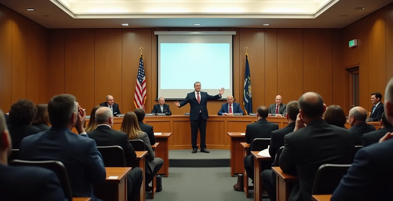 Professional presenting development plans to board members in formal hearing room