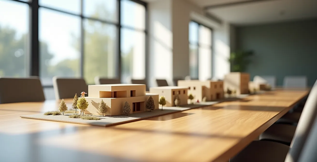 Professional meeting room with architectural models and presentation materials for zoning variance hearing